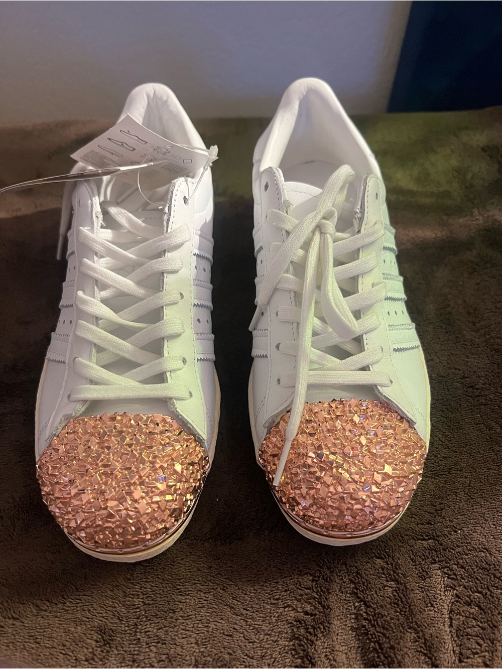 adidas White Sneakers with Rose Gold Crystal Toe Caps